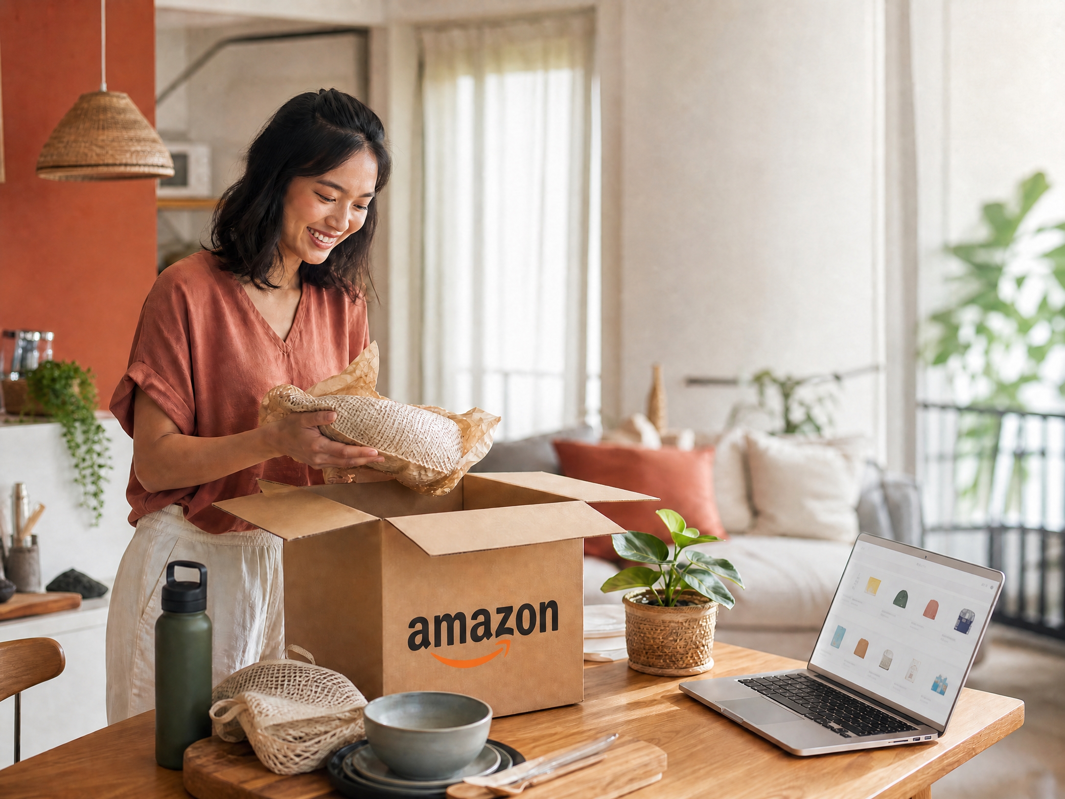 Pembeli Amazon di Indonesia membuka paket pesanan di rumah dengan laptop menampilkan halaman toko online
