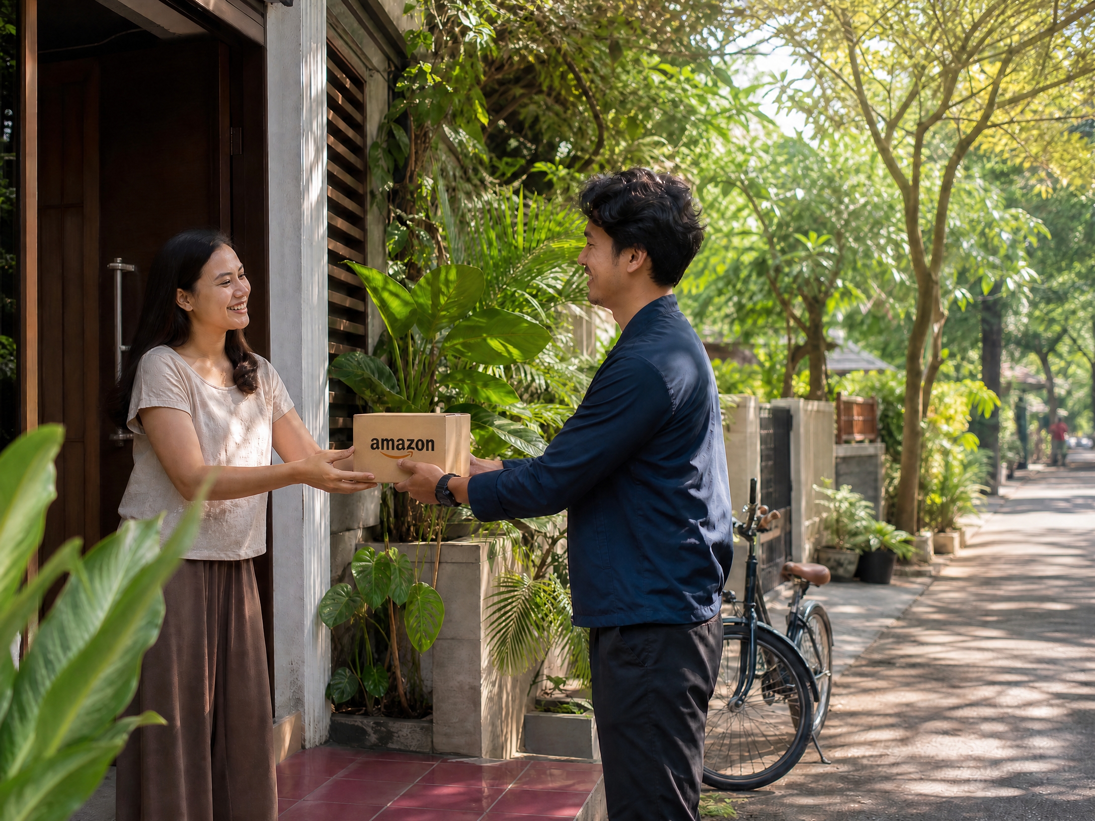 Kurir menyerahkan paket Amazon kepada pembeli di Indonesia sebagai gambaran pengalaman layanan lintas batas