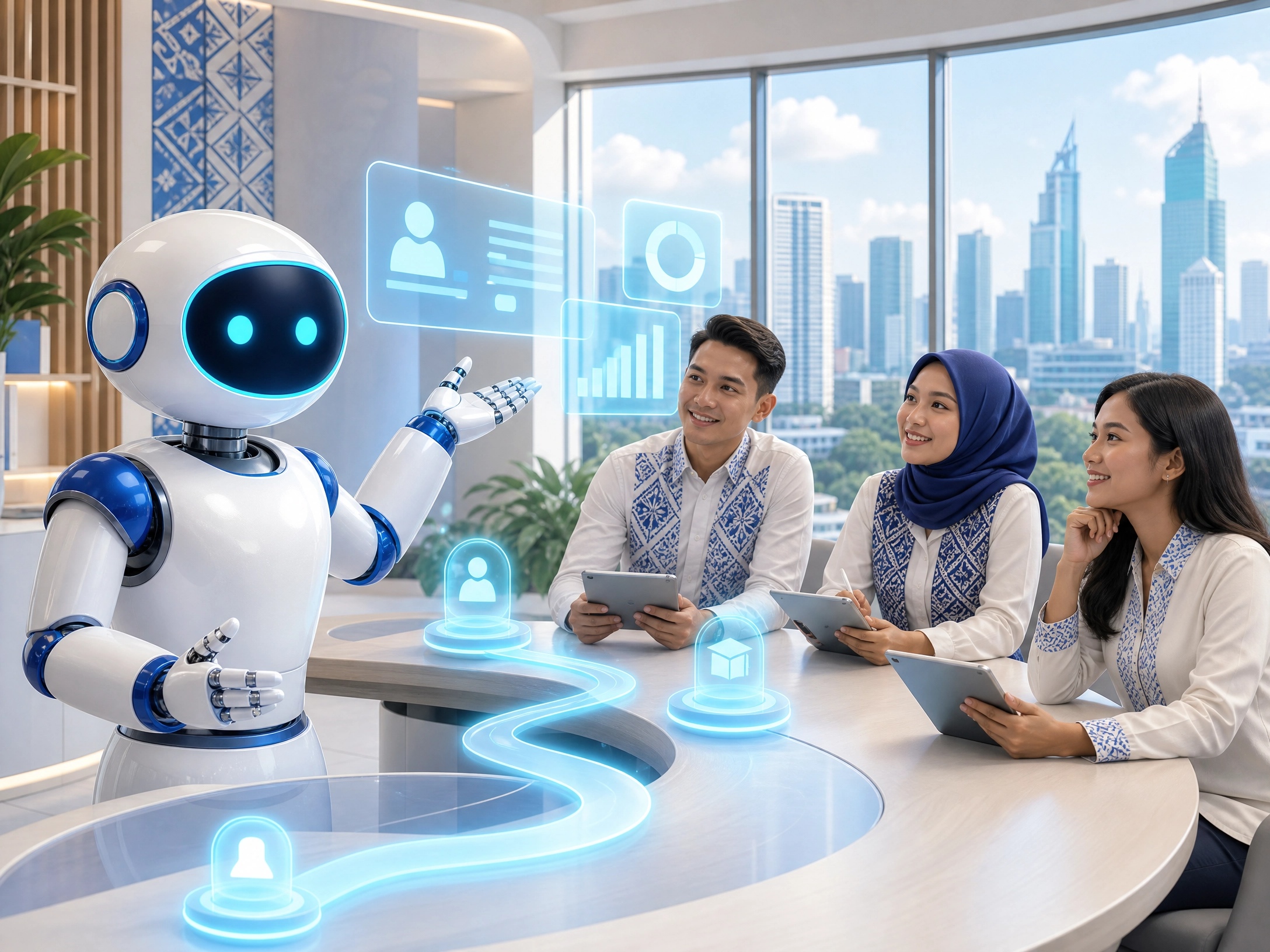 HRSSC Agent Udesk membantu tim SDM Indonesia melalui asisten AI di ruang kantor modern