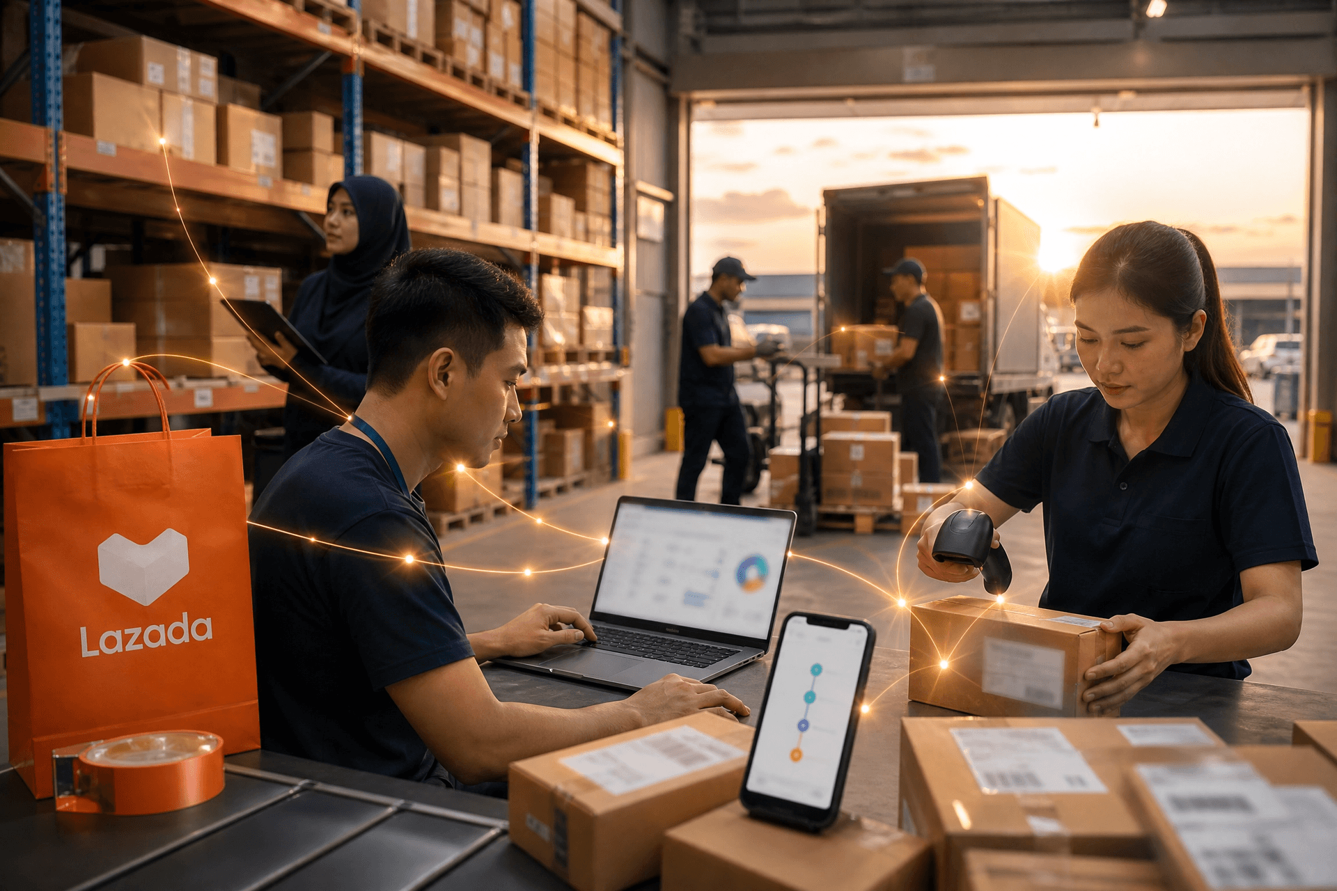 Tim penjual Lazada menangani layanan pelanggan omnichannel dan pesan pesanan melalui ruang kerja terpadu Udesk
