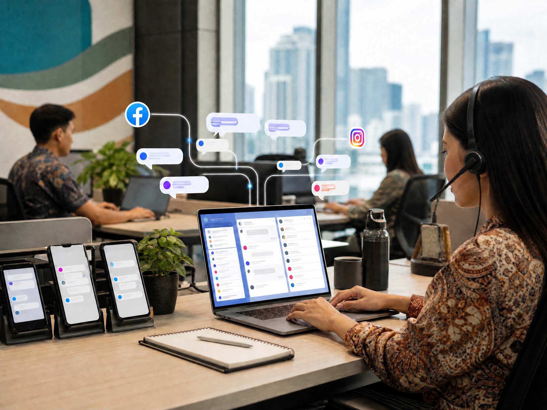 Agen layanan pelanggan menggunakan Udesk Meta Messenger API untuk membalas pesan Facebook dan Instagram