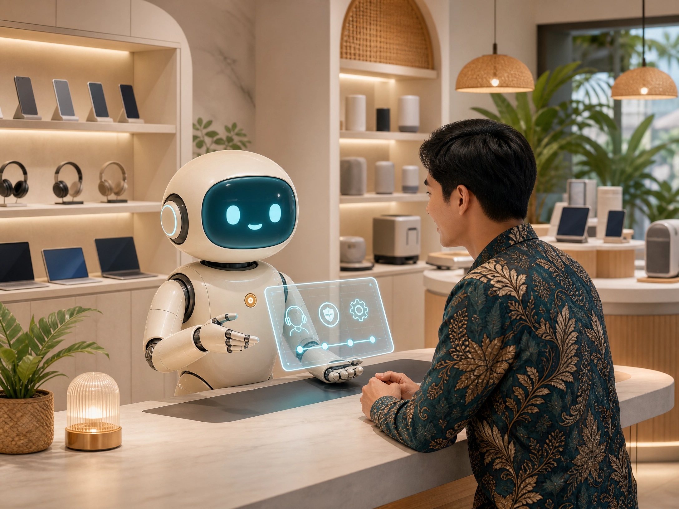 Robot AI Service Agent Udesk melayani konsultasi pelanggan di toko ritel Indonesia dengan layanan pelanggan cerdas