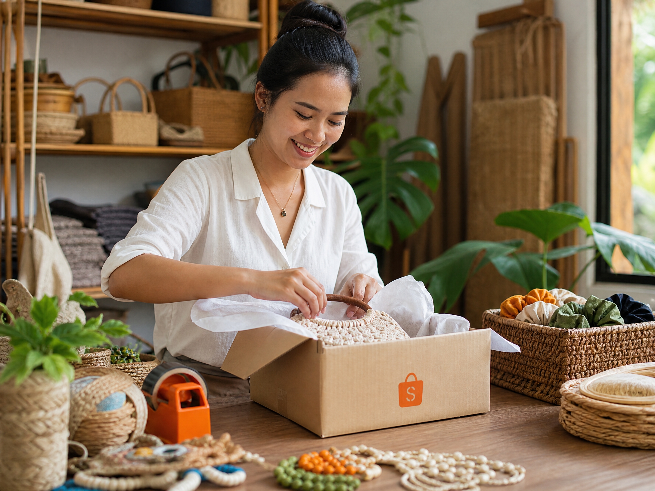 Penjual Shopee Indonesia mengemas pesanan toko online