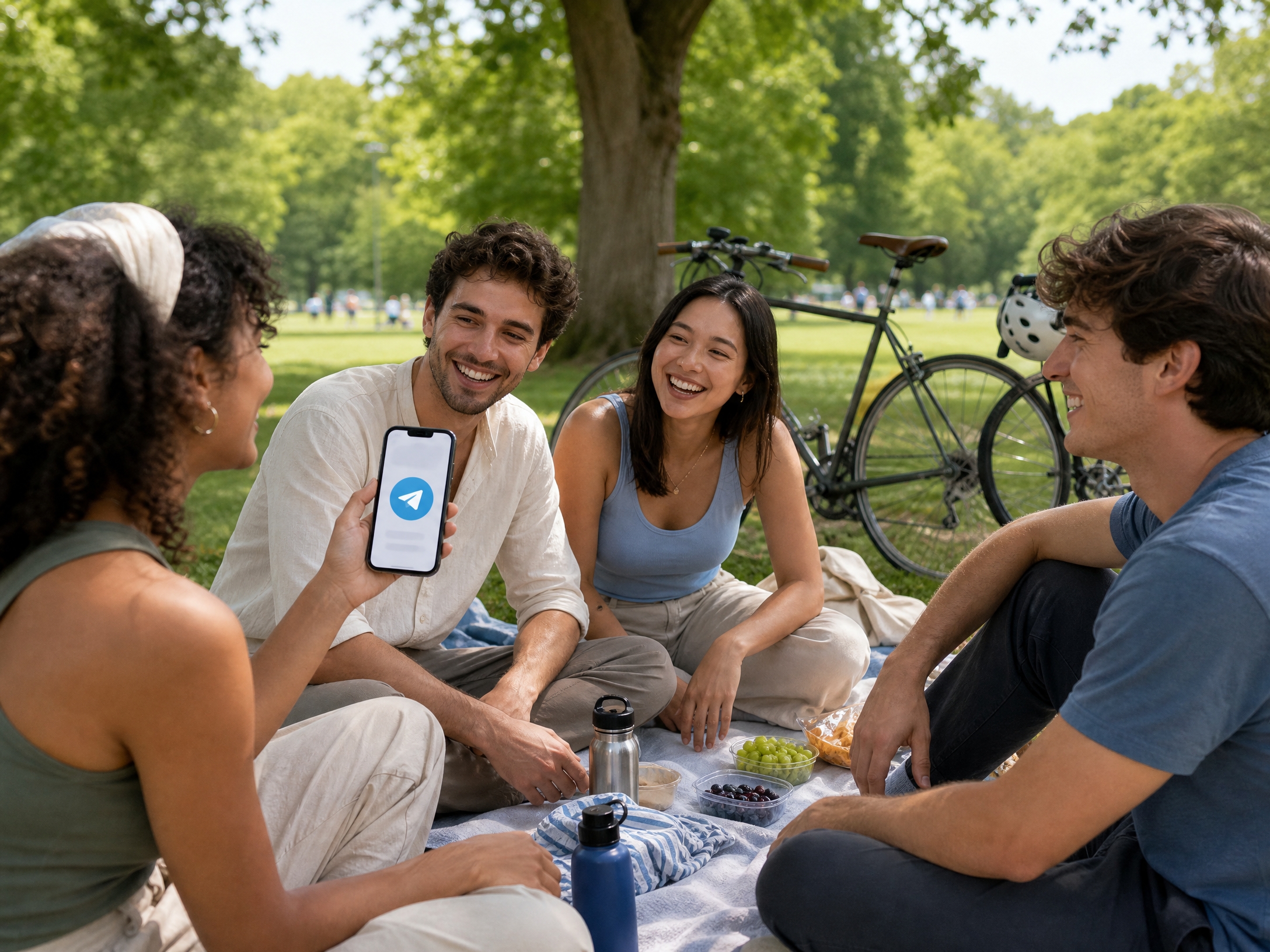 Sekelompok pengguna berbagi pengalaman aplikasi Telegram saat berkumpul di taman