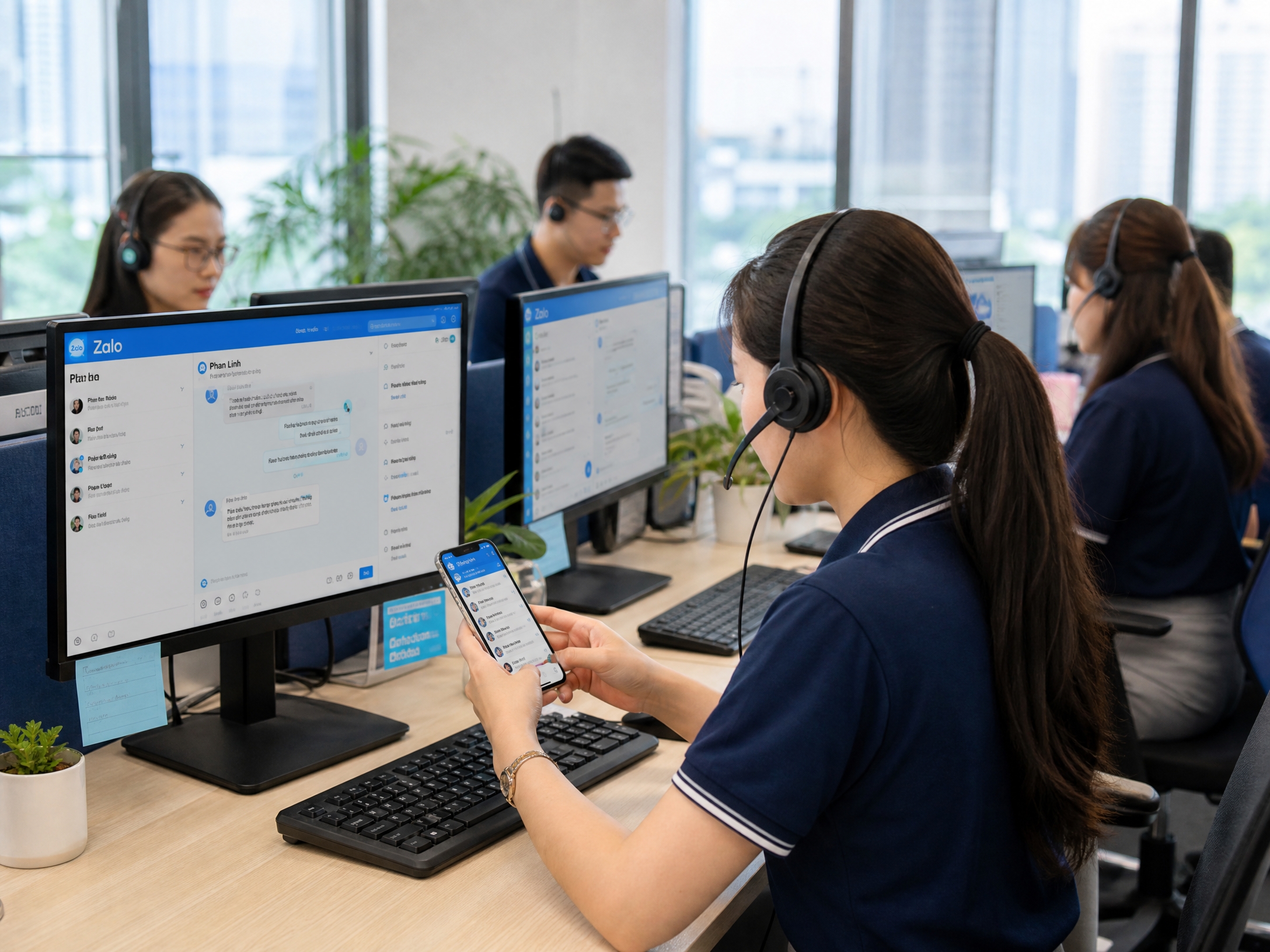 Agen layanan pelanggan Vietnam menangani percakapan Zalo di desktop dan seluler di pusat kontak modern