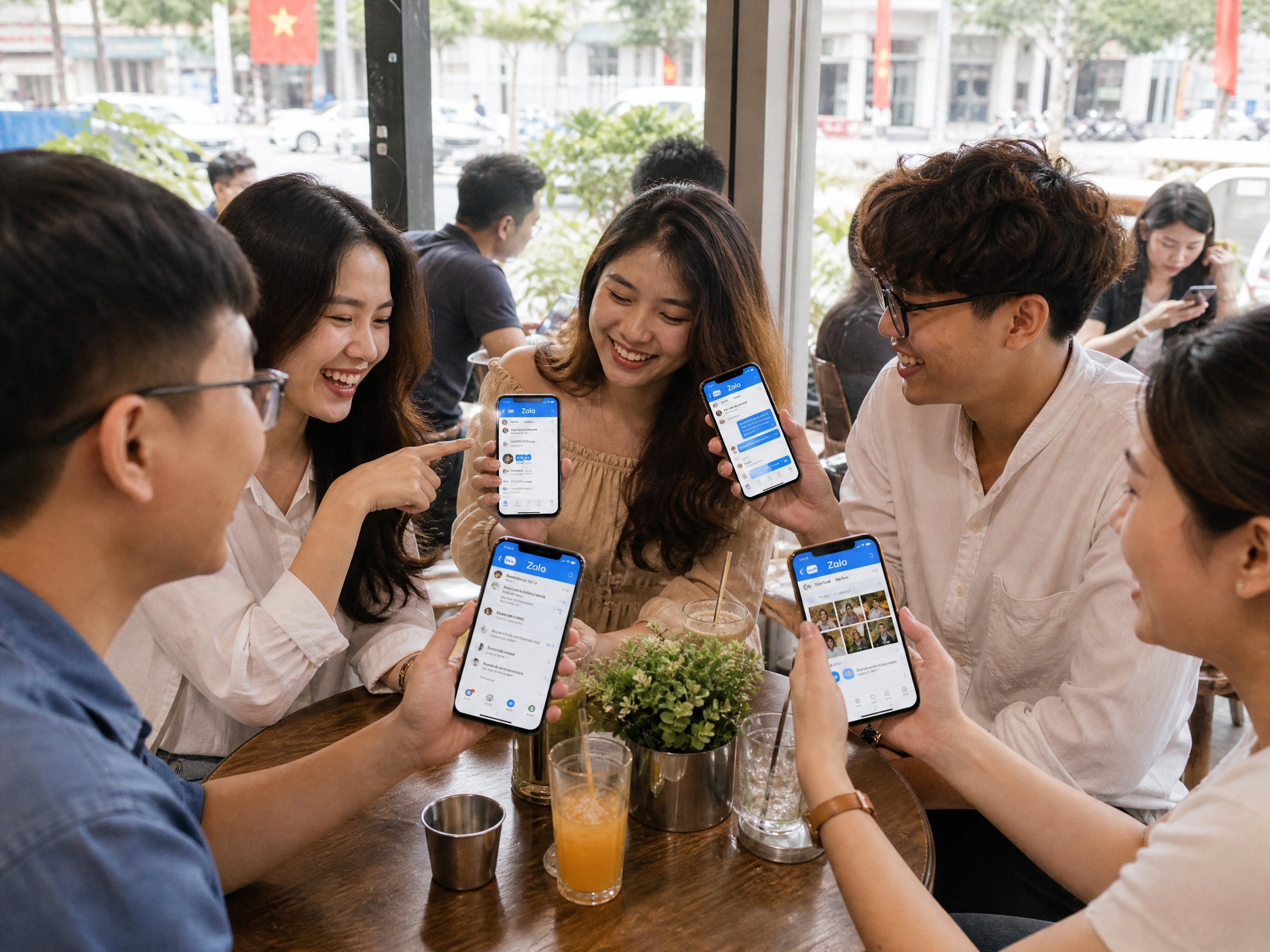 Konsumen Vietnam muda mengobrol di aplikasi Zalo bersama di kafe