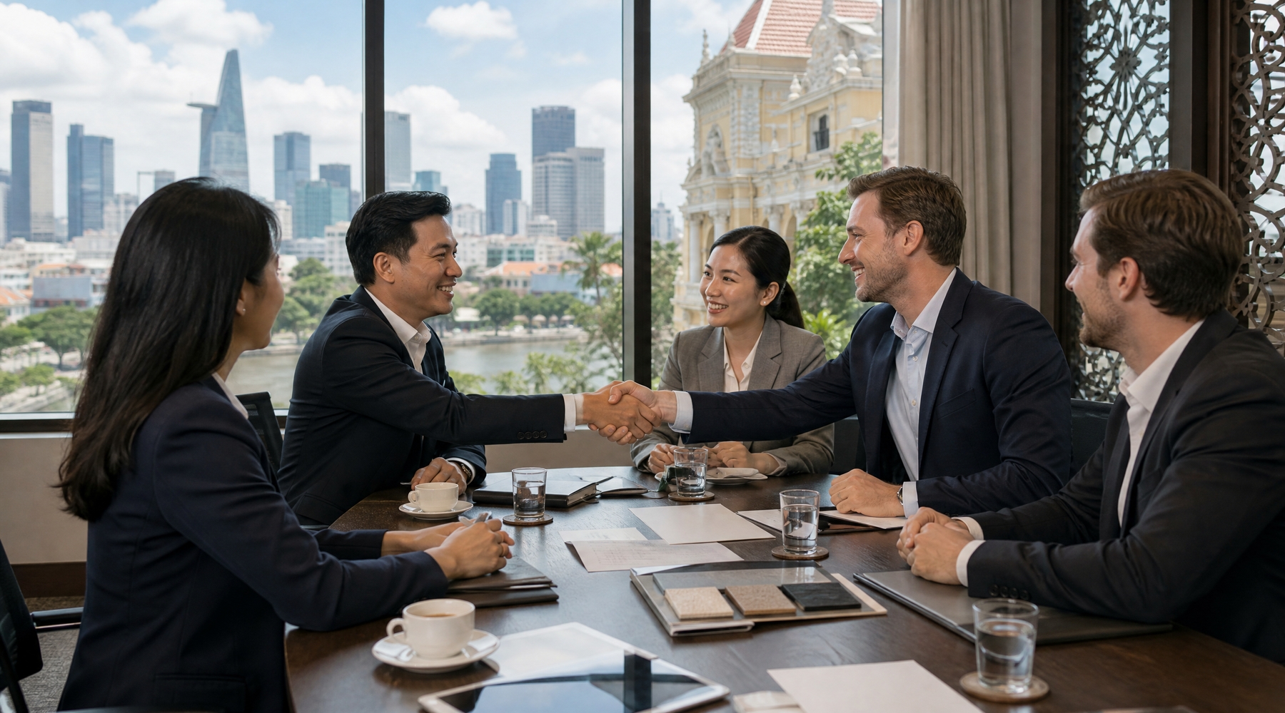 Tim bisnis internasional berjabat tangan selama pertemuan kemitraan di Kota Ho Chi Minh