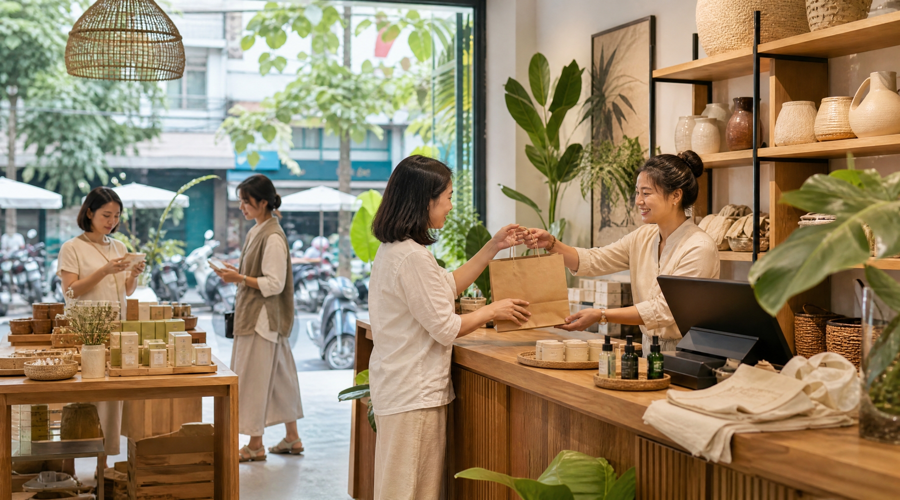 Asisten toko ritel menyerahkan tas belanja kepada pelanggan di butik gaya hidup di Vietnam